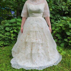 Vintage Bridallure Wedding Gown With Lace Overlay & Sequin Accents